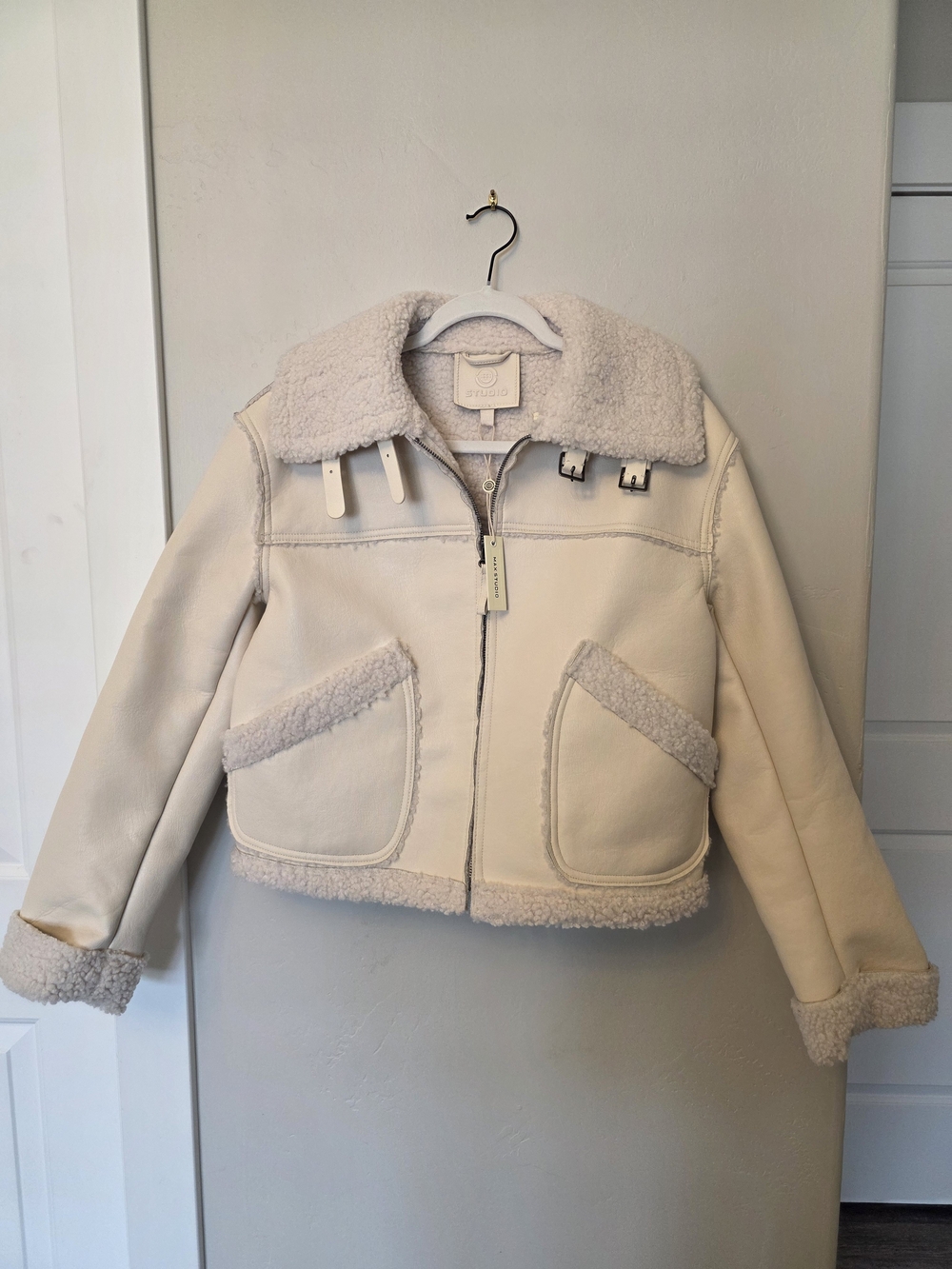 Max Studio Cream Sherpa Trim Bomber Jacket